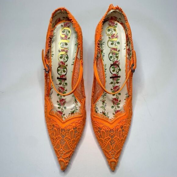 Gucci Virginia Lace Pumps Neon Orange EU 40 US 10 Mary Jane Lace Heels - Picture 3 of 11